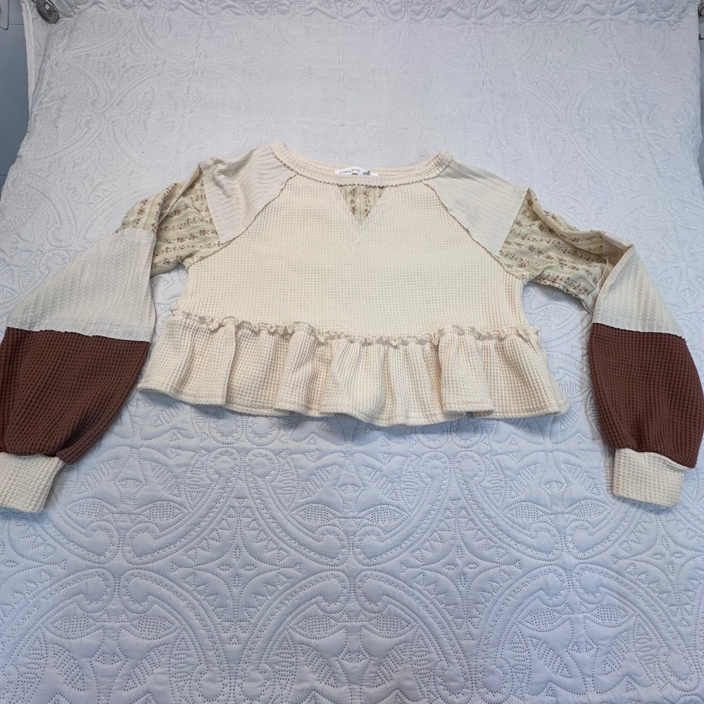 Altard State Mixed Media Waffle Knit Thermal Top Floral Ruffle Cream Small